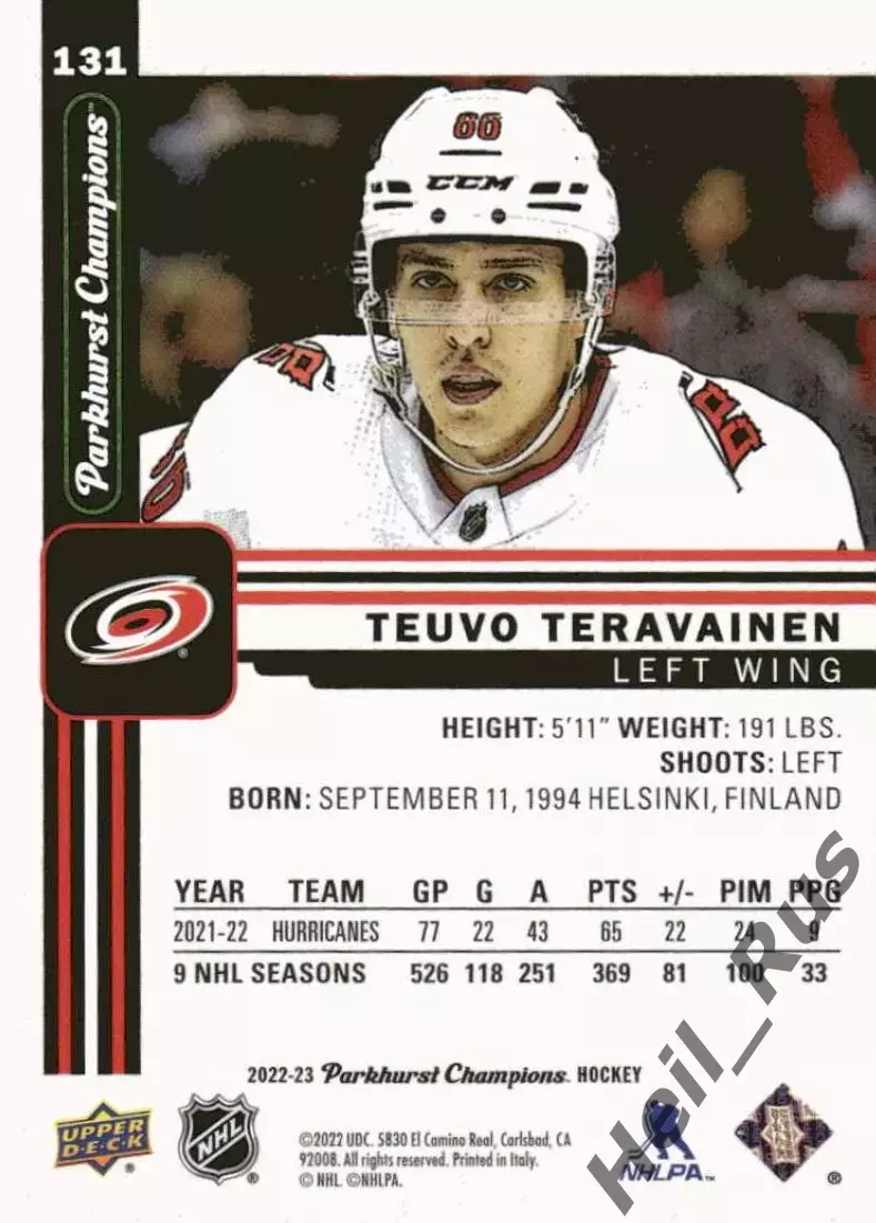 Карточка Teuvo Teravainen/Теуво Терявяйнен Carolina Hurricanes/Каролина NHL-НХЛ 1