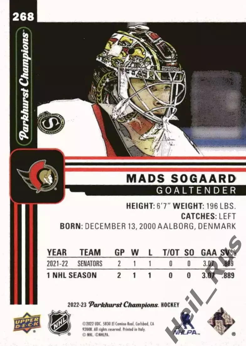 Хоккей; Карточка Mads Sogaard/Мадс Сегор Ottawa Senators/Оттава Сенаторз НХЛ/NHL 1
