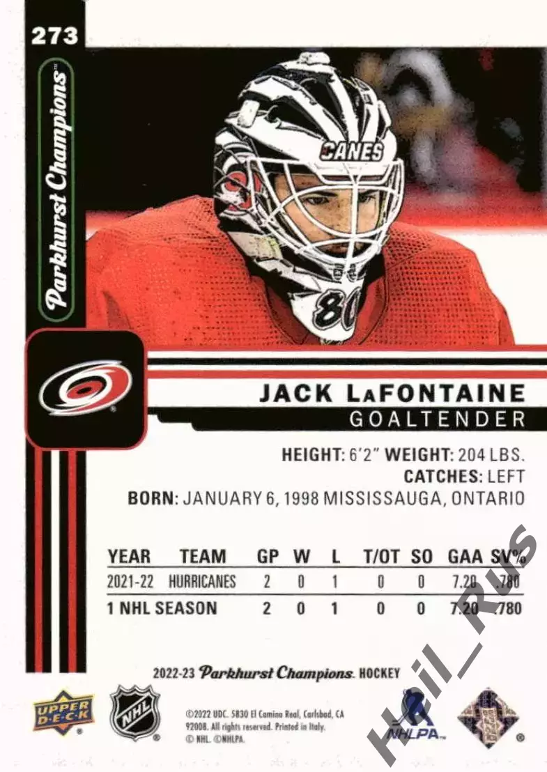 Карточка Jack LaFontaine/Джек Лафонтен (Carolina Hurricanes/Каролина) НХЛ/NHL 1