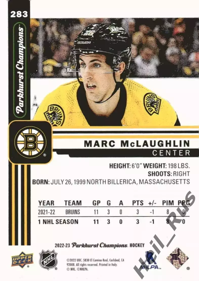 Карточка Marc McLaughlin/Марк Маклафлин (Boston Bruins/Бостон Брюинз) НХЛ/NHL 1