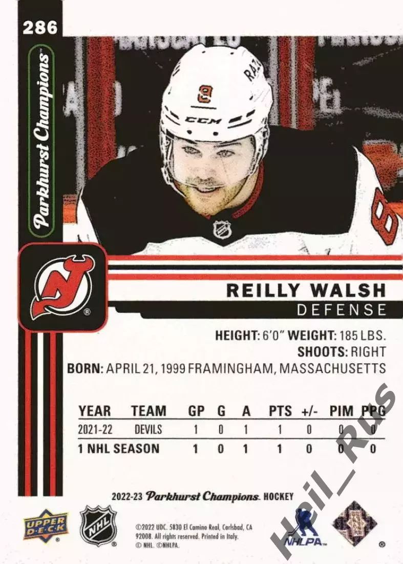 Хоккей Карточка Райли Уолш New Jersey Devils/Нью-Джерси Девилз Барыс НХЛ/NHL/КХЛ 1