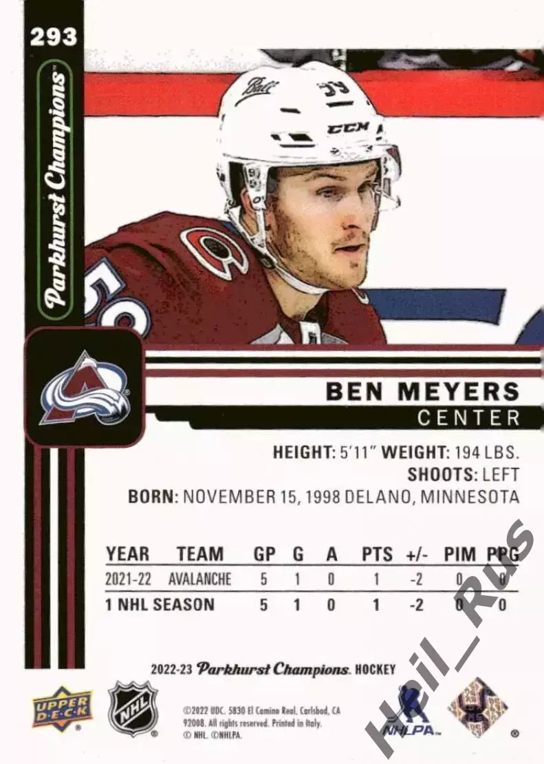 Карточка Ben Meyers/Бен Мейерс (Colorado Avalanche/Колорадо Эвеланш) НХЛ/NHL 1