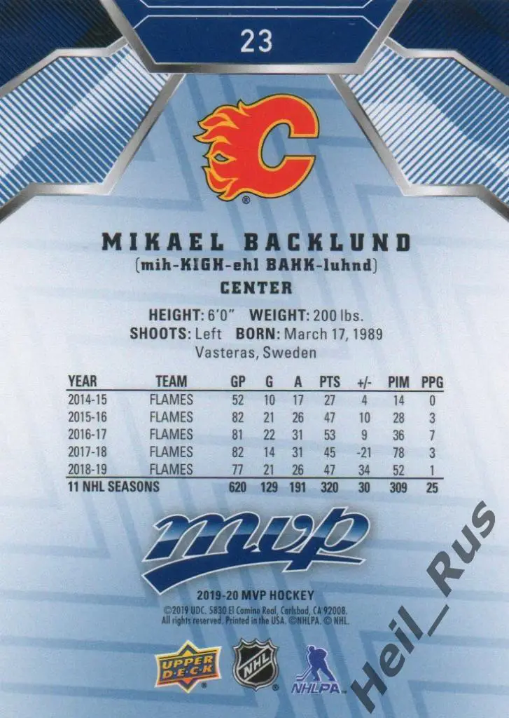 Хоккей Карточка Mikael Backlund/Микаэль Баклунд (Calgary Flames/Калгари) НХЛ/NHL 1