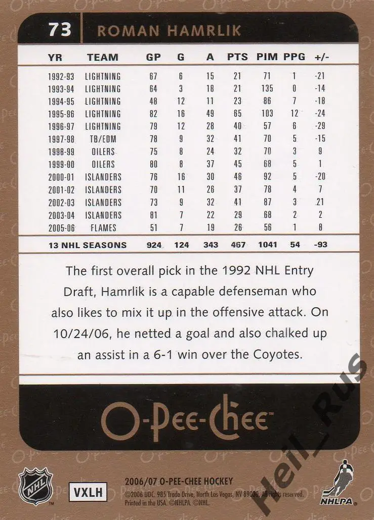 Хоккей. Карточка Roman Hamrlik/Роман Гамрлик (Calgary Flames/Калгари) НХЛ/NHL 1