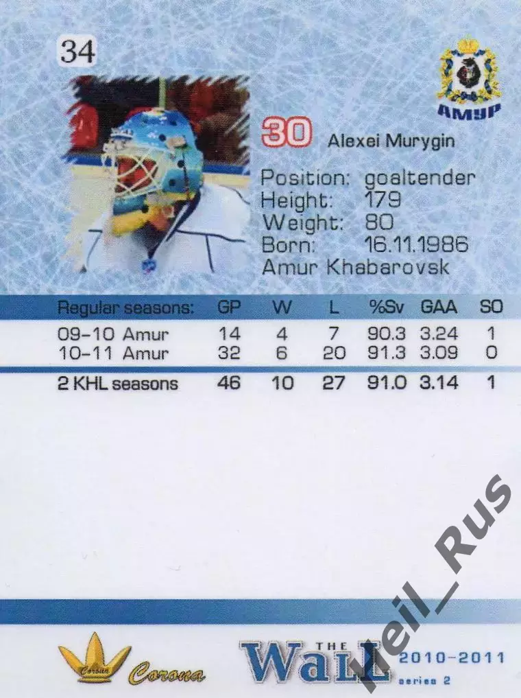 Хоккей. Карточка вратарь Алексей Мурыгин (Амур Хабаровск) КХЛ/KHL сезон 2010/11 1