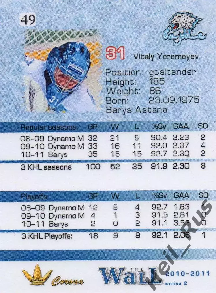 Хоккей. Карточка вратарь Виталий Еремеев (Барыс Астана) КХЛ/KHL сезон 2010/11 1
