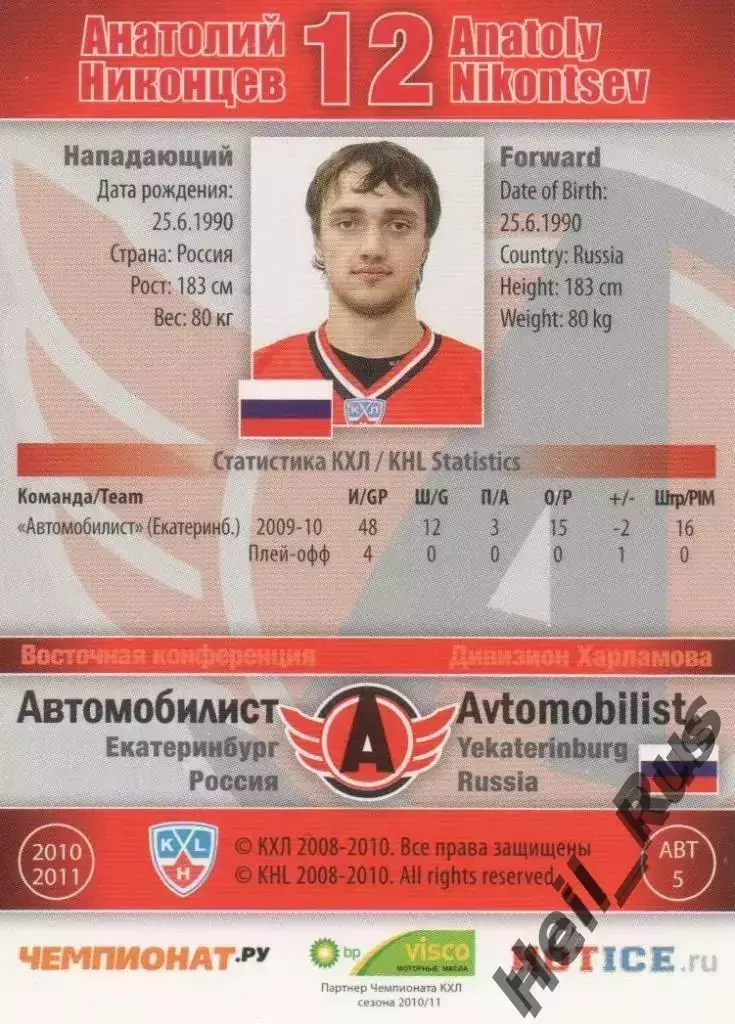 Хоккей. Карточка Анатолий Никонцев Автомобилист Екатеринбург КХЛ 2010/11 SeReal 1