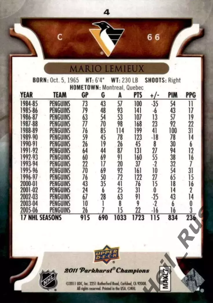 Хоккей. Карточка Mario Lemieux/Марио Лемье Pittsburgh Penguins/Питтсбург НХЛ-NHL 1