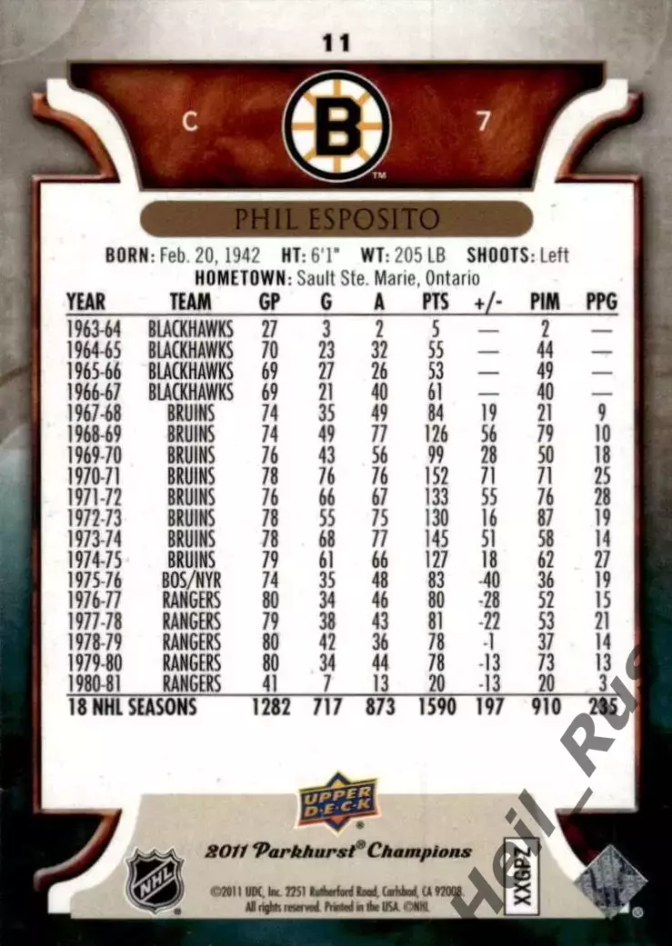 Хоккей; Карточка Phil Esposito/Фил Эспозито Boston Bruins/Бостон Брюинз НХЛ/NHL 1