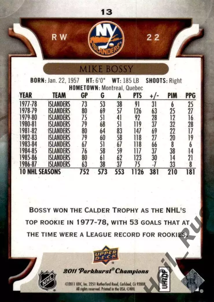 Карточка Mike Bossy/Майк Босси (New York Islanders/Нью-Йорк Айлендерс) НХЛ/NHL 1