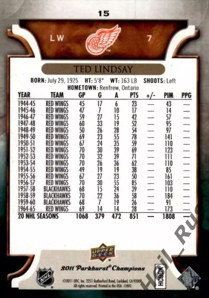 Карточка Ted Lindsay/Тед Линдсей (Detroit Red Wings / Детройт Ред Уингз) НХЛ/NHL 1