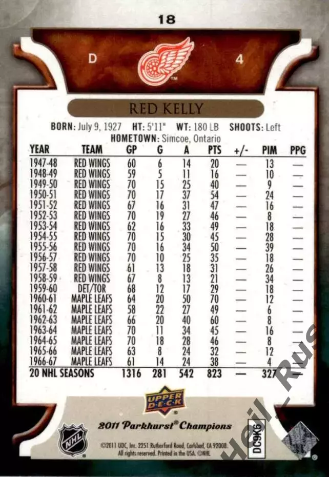 Хоккей. Карточка Red Kelly/Ред Келли Detroit Red Wings/Детройт Ред Уингз НХЛ/NHL 1