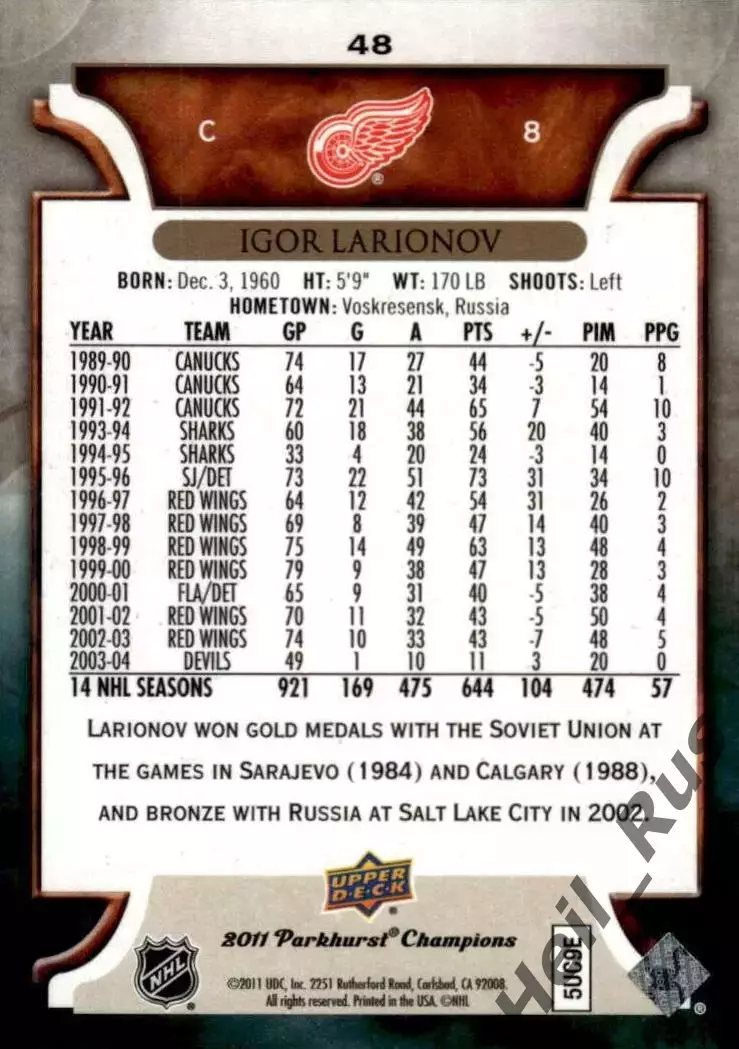 Карточка Игорь Ларионов (Детройт Ред Уингз, Химик/ЦСКА/СКА/Торпедо) НХЛ/NHL, КХЛ 1