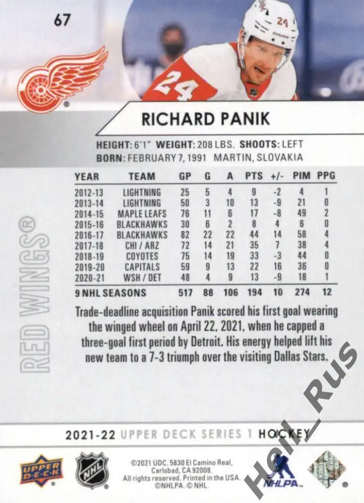 Карточка Рихард Паник Detroit Red Wings/Детройт, Локомотив Ярославль НХЛ/NHL/КХЛ 1
