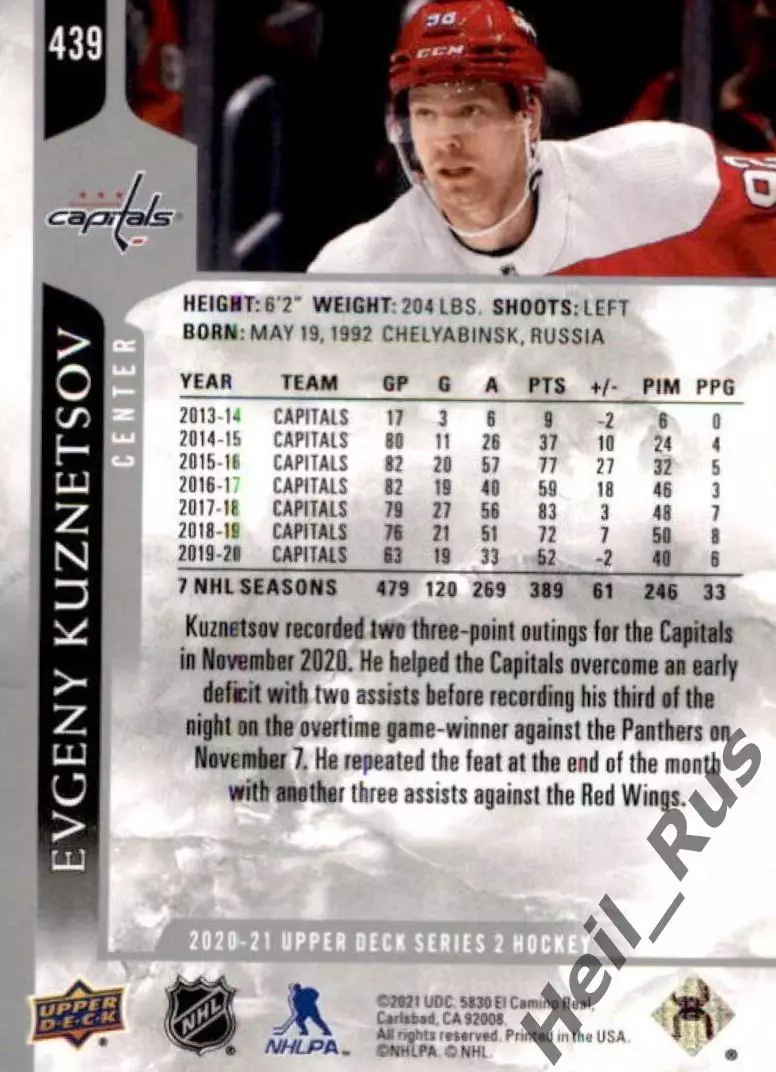 Карточка Евгений Кузнецов Вашингтон Кэпиталз, СКА/Металлург/Трактор НХЛ/NHL/КХЛ 1