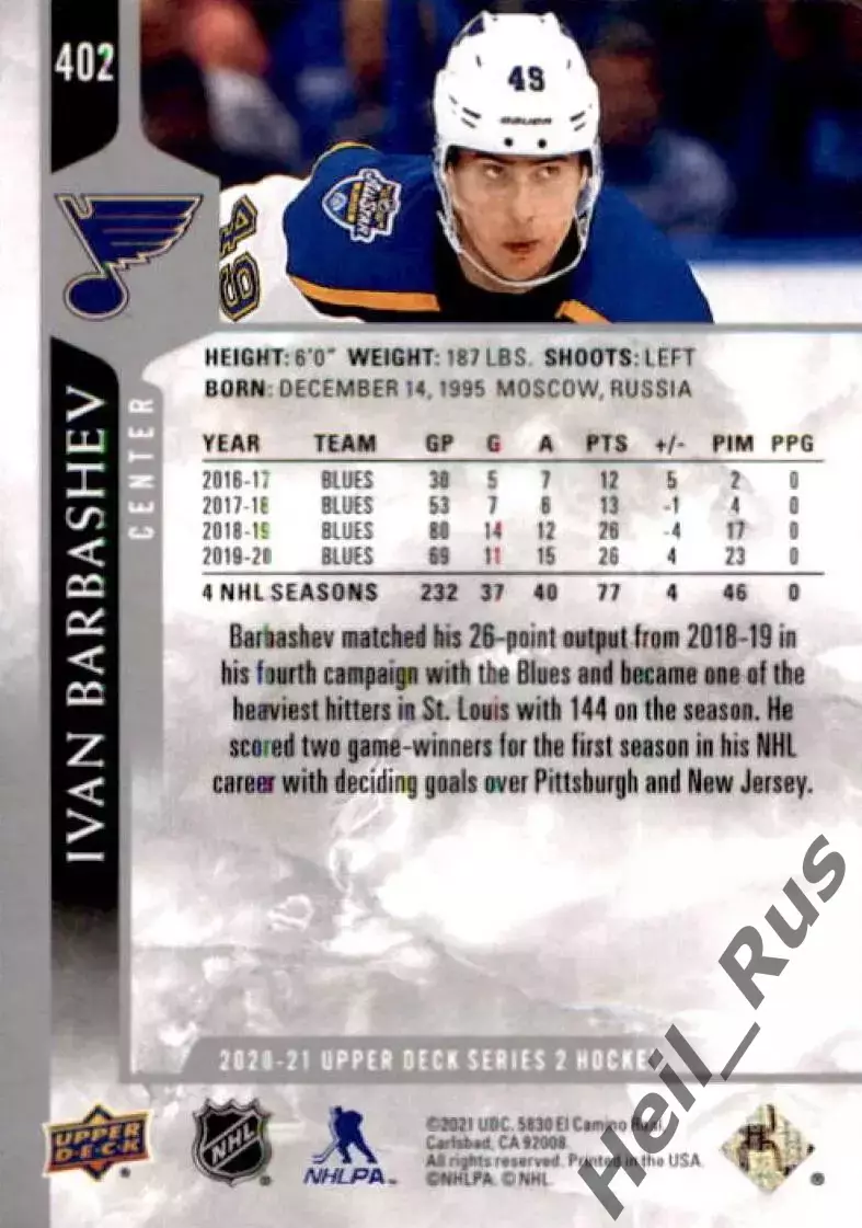 Карточка Иван Барбашев St. Louis Blues/Сент-Луис Блюз, Динамо Москва НХЛ/NHL 1