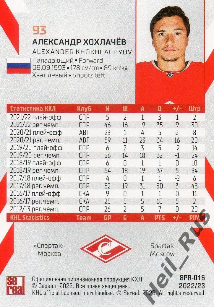 Хоккей Карточка Александр Хохлачев (Спартак Москва) КХЛ/KHL сезон 2022/23 SeReal 1