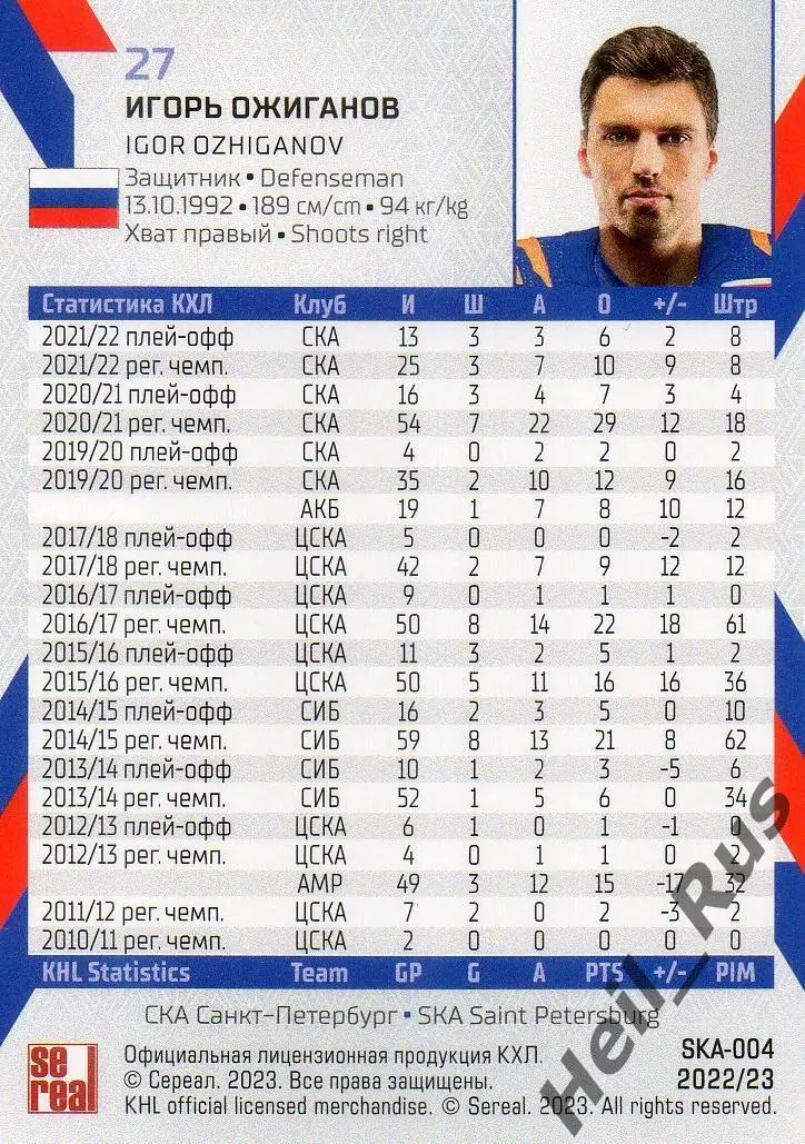 Хоккей. Карточка Игорь Ожиганов СКА Санкт-Петербург КХЛ/KHL сезон 2022/23 SeReal 1