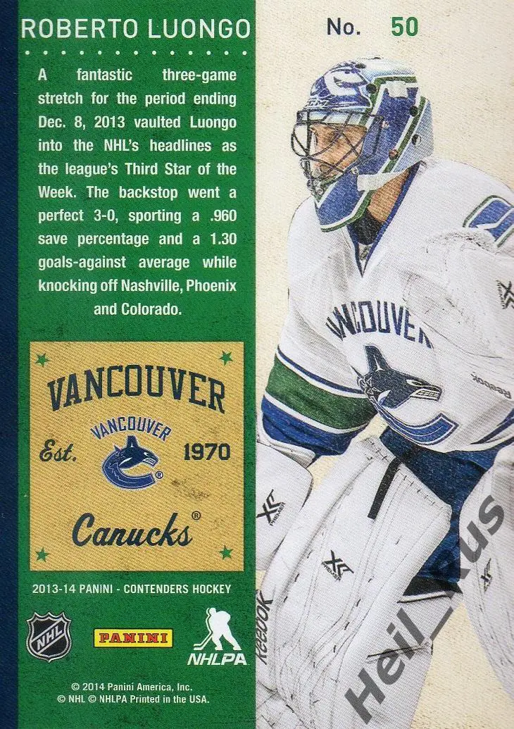 Хоккей Карточка Roberto Luongo/Роберто Луонго Vancouver Canucks/Ванкувер НХЛ NHL 1