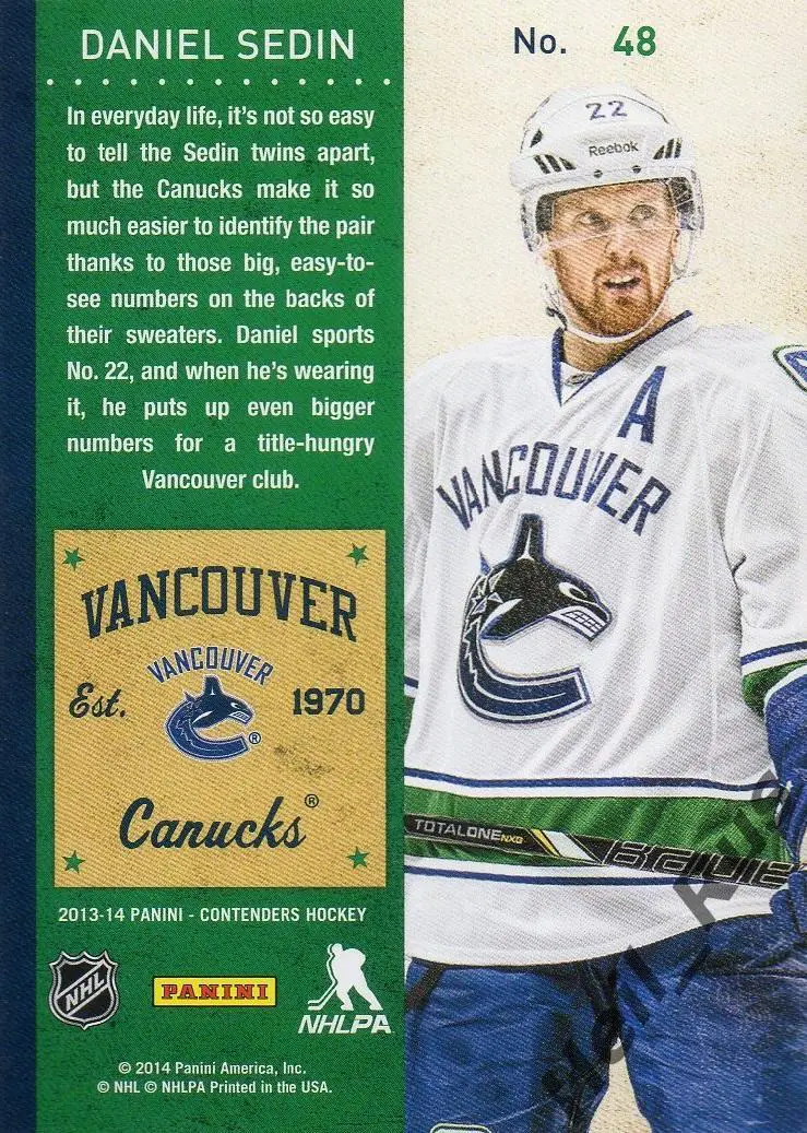 Хоккей. Карточка Daniel Sedin/Даниэль Седин Vancouver Canucks/Ванкувер НХЛ/NHL 1