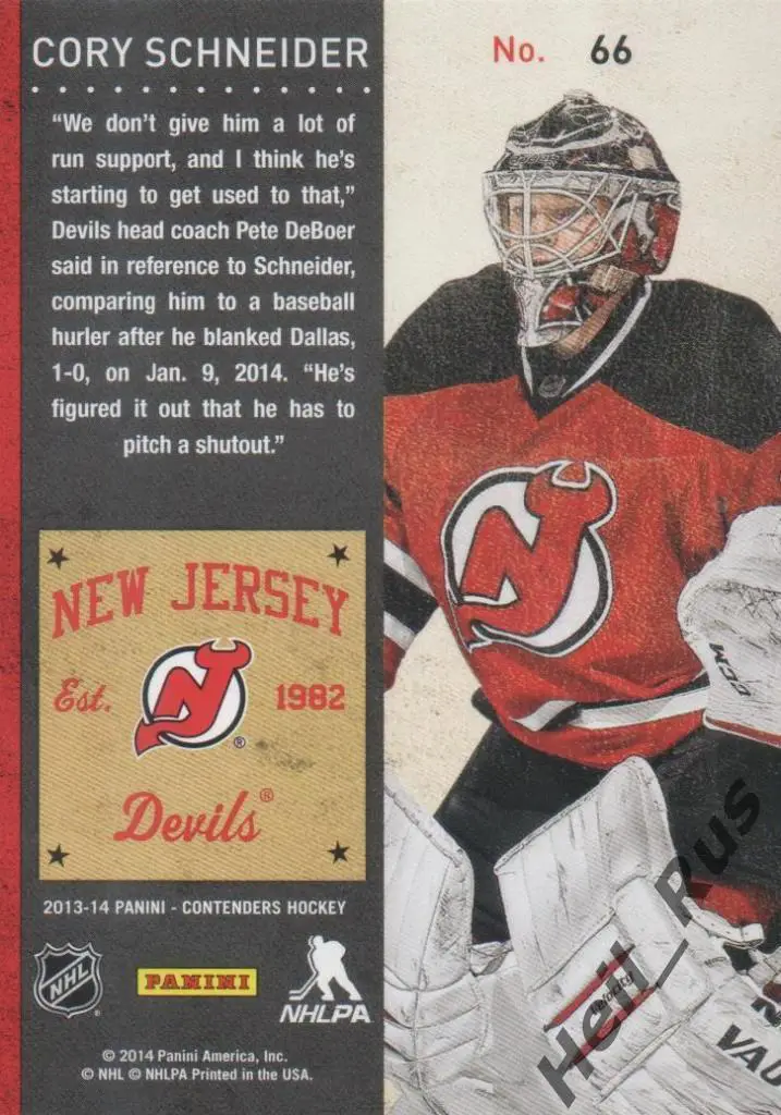 Хоккей. Карточка Cory Schneider/Кори Шнайдер (New Jersey Devils/Девилз) НХЛ/NHL 1