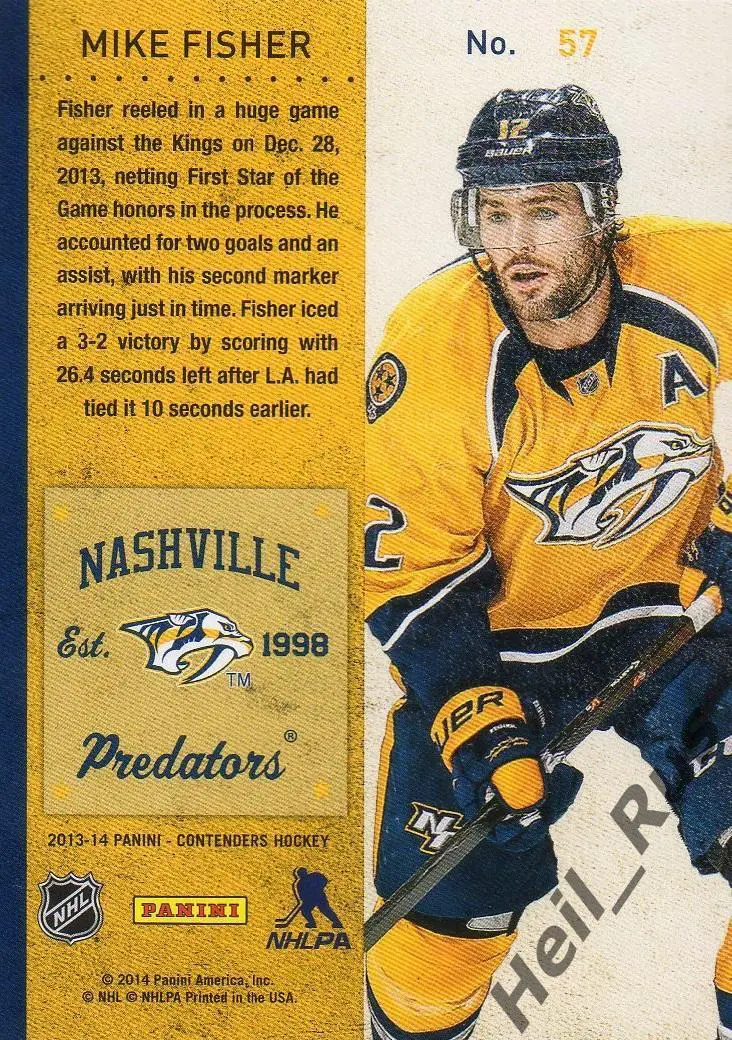 Хоккей; Карточка Mike Fisher/Майк Фишер (Nashville Predators / Нэшвилл) НХЛ/NHL 1