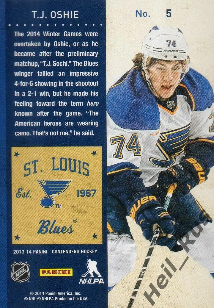 Хоккей; Карточка T. J. Oshie/Ти Джей Оши St. Louis Blues/Сент-Луис Блюз НХЛ/NHL 1