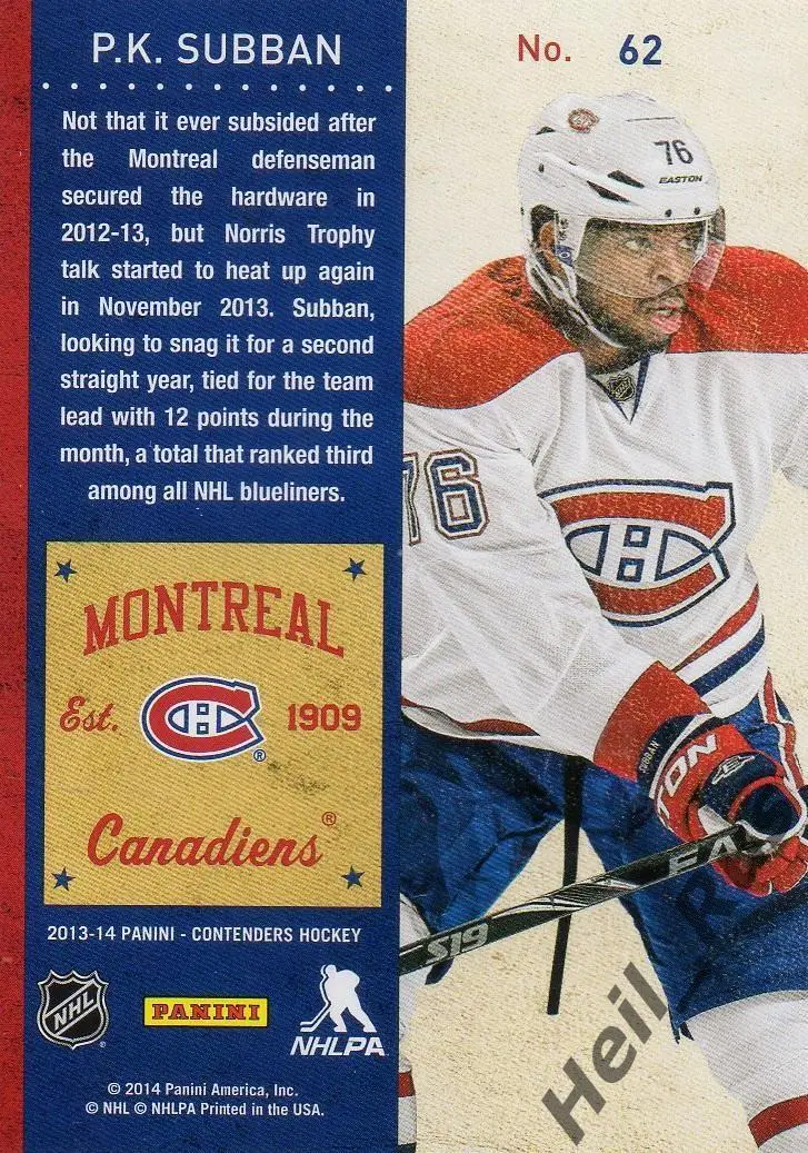 Хоккей; Карточка P. K. Subban/Пи-Кей Суббан Montreal Canadiens/Монреаль NHL/НХЛ 1