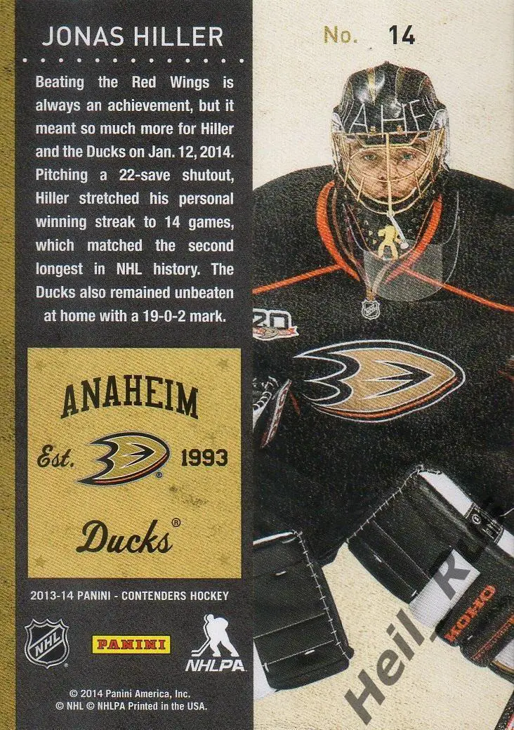 Хоккей Карточка Jonas Hiller/Йонас Хиллер (Anaheim Ducks / Анахайм Дакс) НХЛ/NHL 1