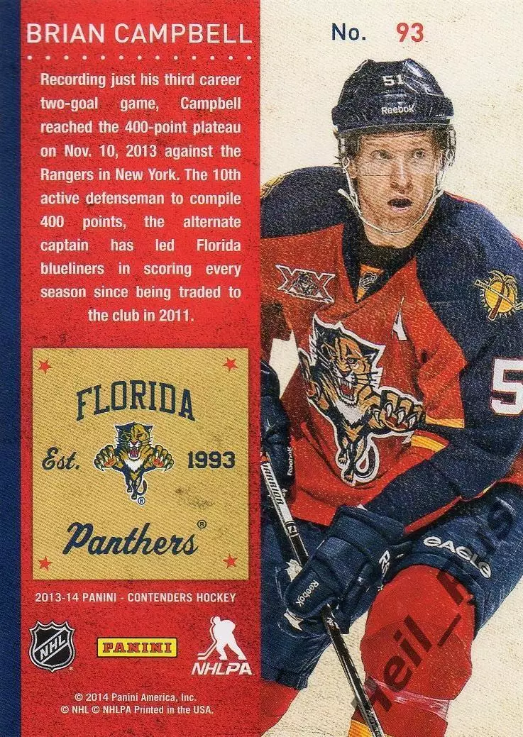 Карточка Brian Campbell/Брайан Кэмпбелл Florida Panthers/Флорида Пантерз НХЛ/NHL 1