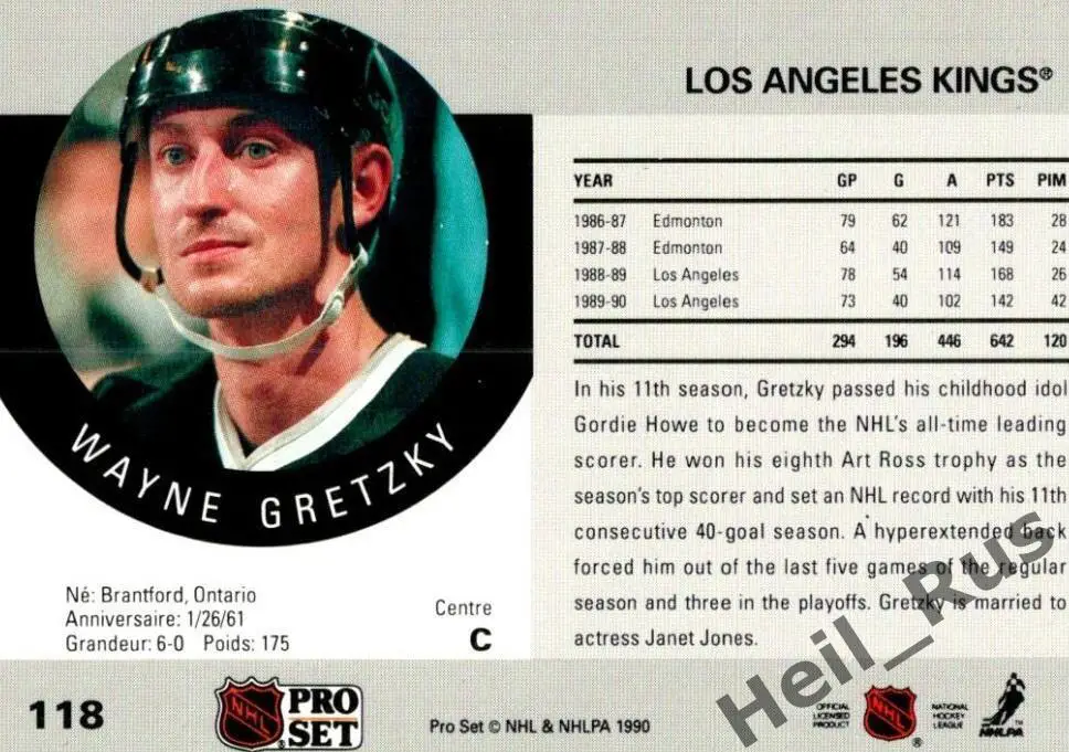 Карточка Wayne Gretzky/Уэйн Гретцки Los Angeles Kings/Лос-Анджелес Кингз NHL/НХЛ 1