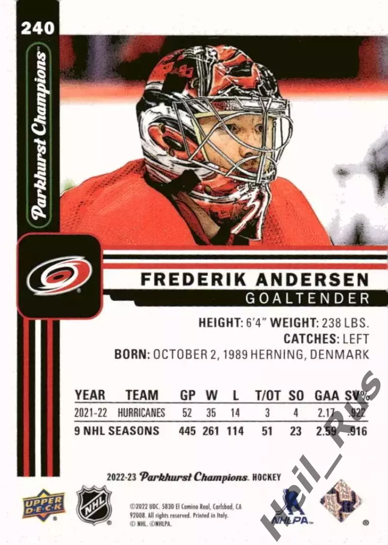 Хоккей; Карточка Andersen/Фредерик Андерсен Carolina Hurricanes/Каролина НХЛ/NHL 1