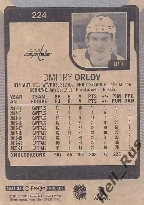 Карточка Дмитрий Орлов (Вашингтон Кэпиталз, Металлург Новокузнецк) НХЛ/NHL/КХЛ 1