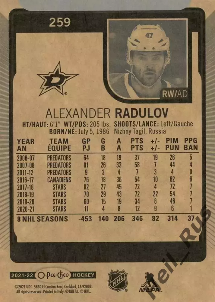 Карточка Александр Радулов Даллас Старз/ЦСКА/Локомотив/Салават Юлаев НХЛ/NHL/КХЛ 1