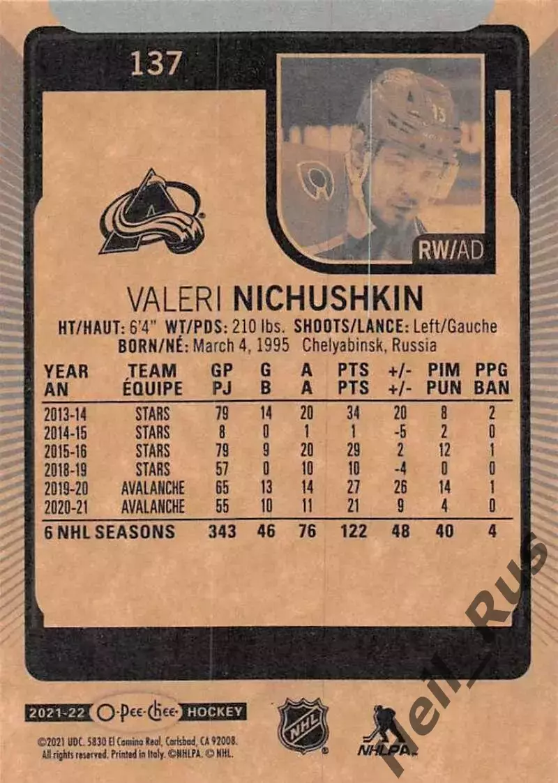 Карточка Валерий Ничушкин Colorado Avalanche/Колорадо, Трактор, ЦСКА НХЛ/NHL/КХЛ 1