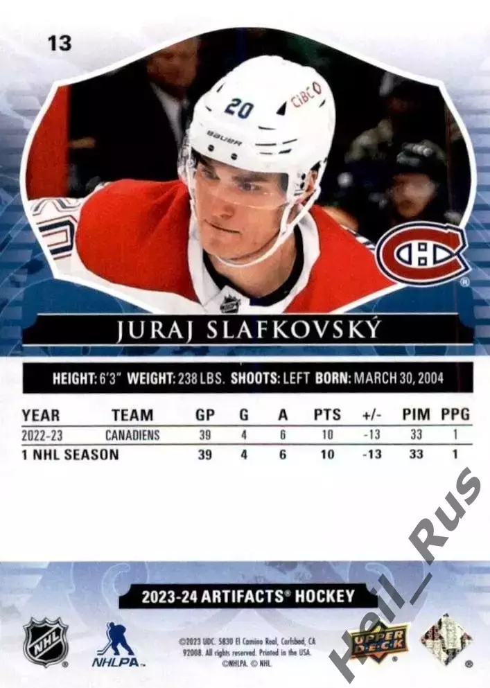 Карточка Juraj Slafkovsky/Юрай Слафковский (Montreal Canadiens/Монреаль) NHL НХЛ 1