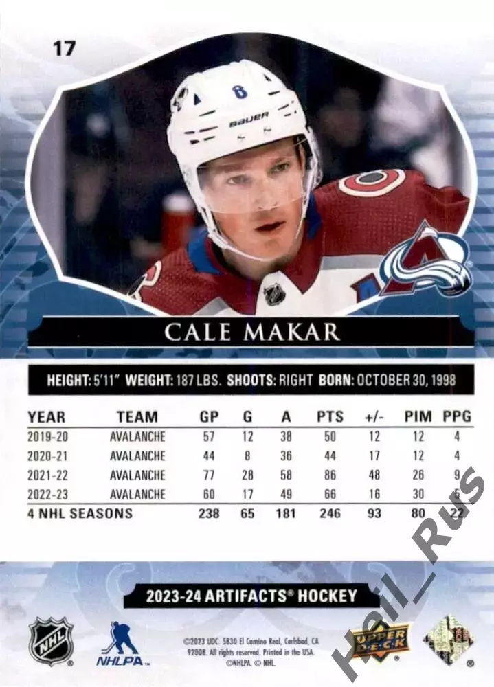 Карточка Cale Makar/Кейл Макар (Colorado Avalanche / Колорадо Эвеланш) НХЛ/NHL 1