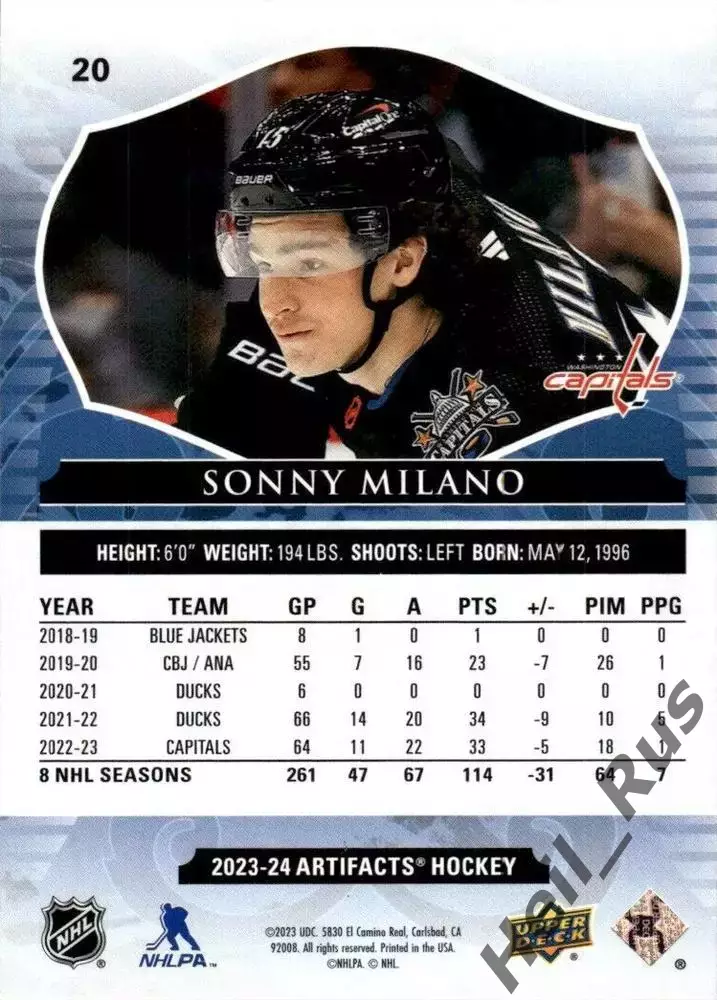 Карточка S. Milano/Сонни Милано (Washington Capitals/Вашингтон Кэпиталз) НХЛ/NHL 1