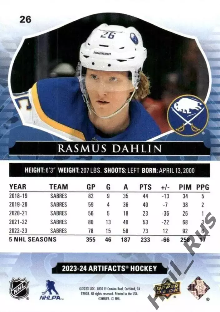 Хоккей Карточка Rasmus Dahlin/Расмус Далин Buffalo Sabres/Баффало Сейбрз НХЛ NHL 1