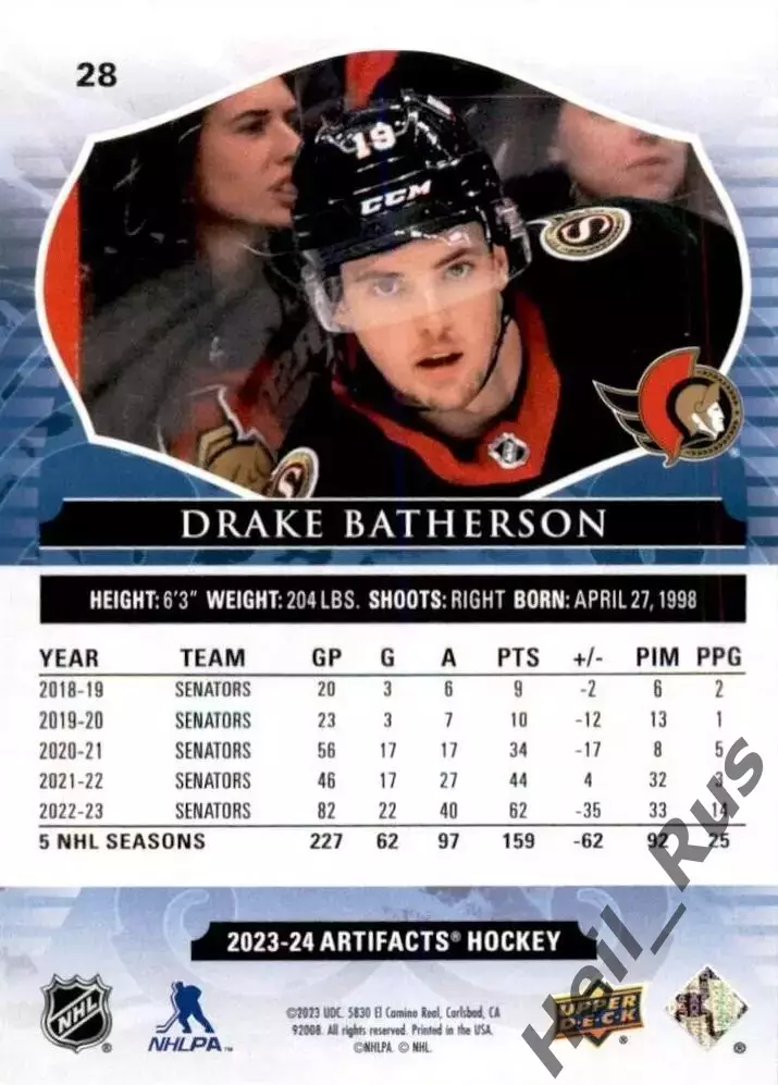 Карточка Drake Batherson/Дрейк Батерсон Ottawa Senators/Оттава Сенаторз NHL/НХЛ 1
