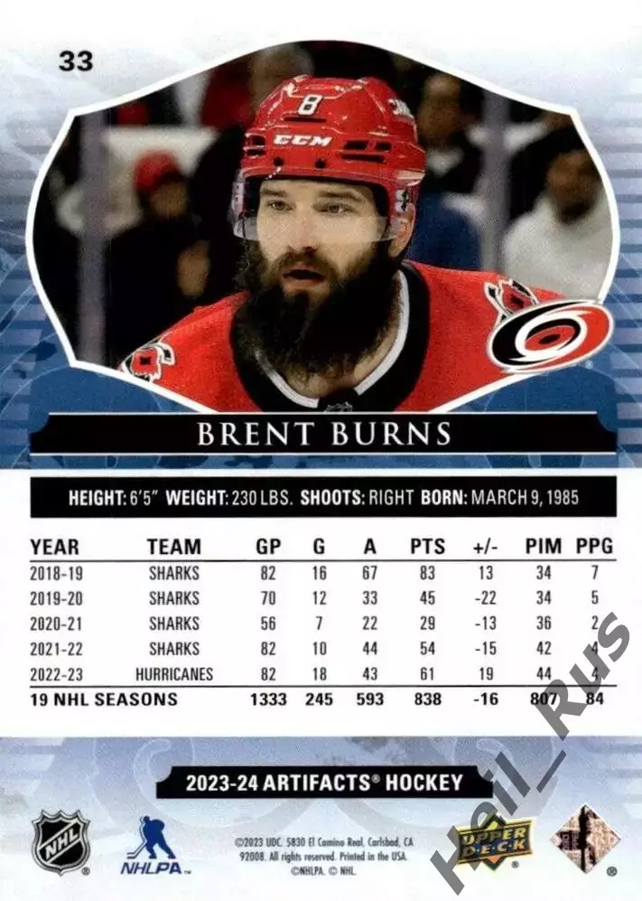 Карточка Brent Burns/Брент Бернс Carolina Hurricanes/Каролина Харрикейнз НХЛ/NHL 1