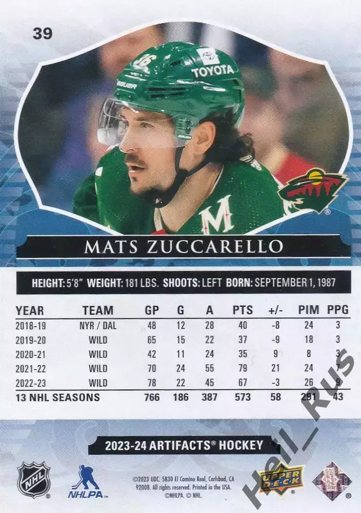 Карточка Матс Цуккарелло Minnesota Wild/Миннесота/Металлург Магнитогорск НХЛ/КХЛ 1