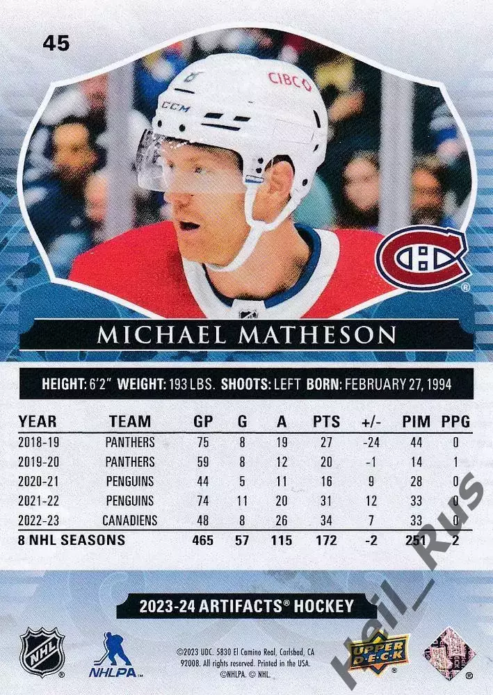 Карточка Matheson/Майкл Мэтисон (Montreal Canadiens/Монреаль Канадиенс) НХЛ/NHL 1