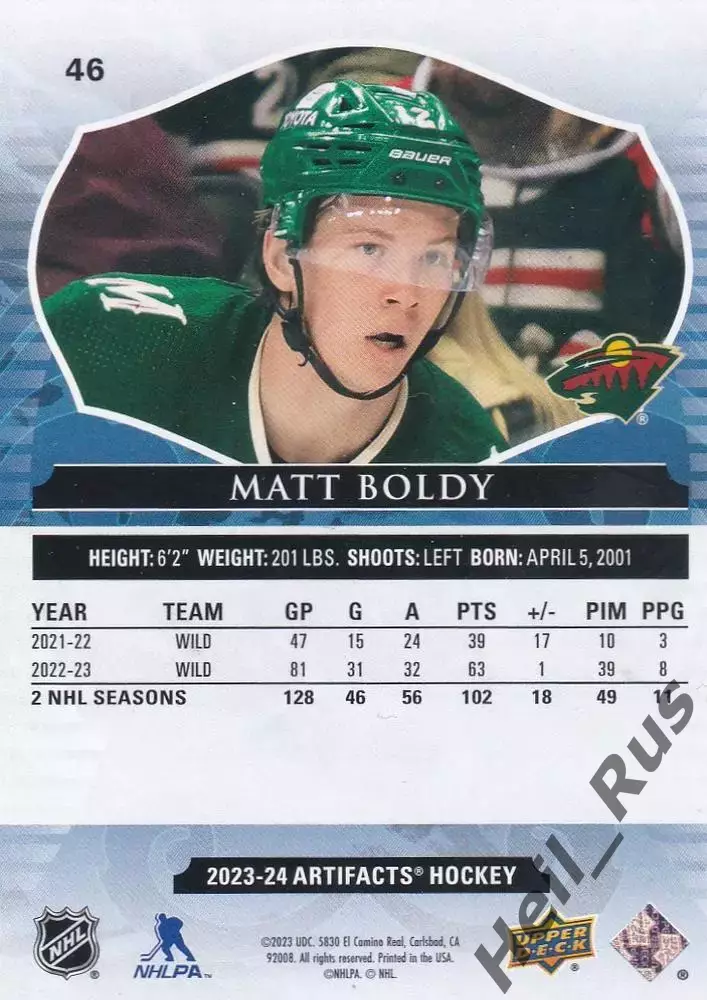 Хоккей Карточка Matt Boldy/Мэттью Болди Minnesota Wild/Миннесота Уайлд НХЛ/NHL 1