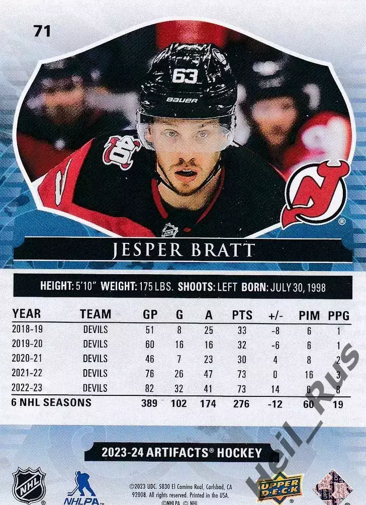 Карточка Jesper Bratt/Йеспер Братт (New Jersey Devils/Нью-Джерси Девилз) NHL НХЛ 1