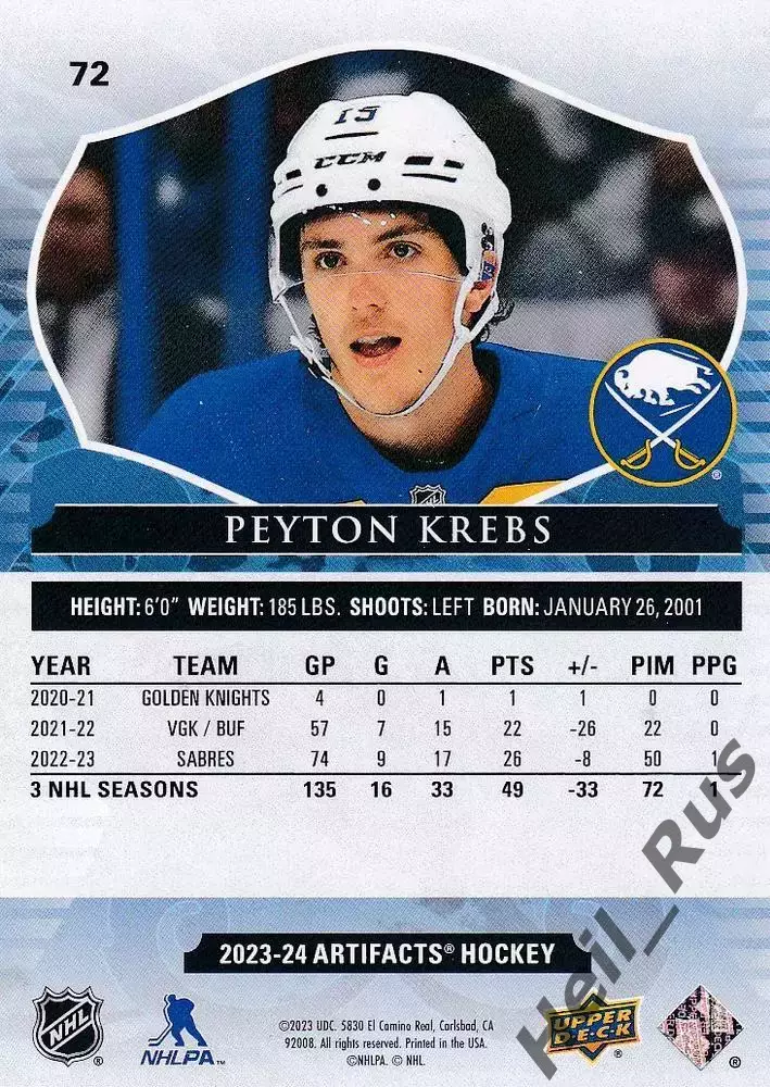 Хоккей. Карточка Peyton Krebs/Пейтон Кребс Buffalo Sabres/Баффало Сейбрз НХЛ/NHL 1