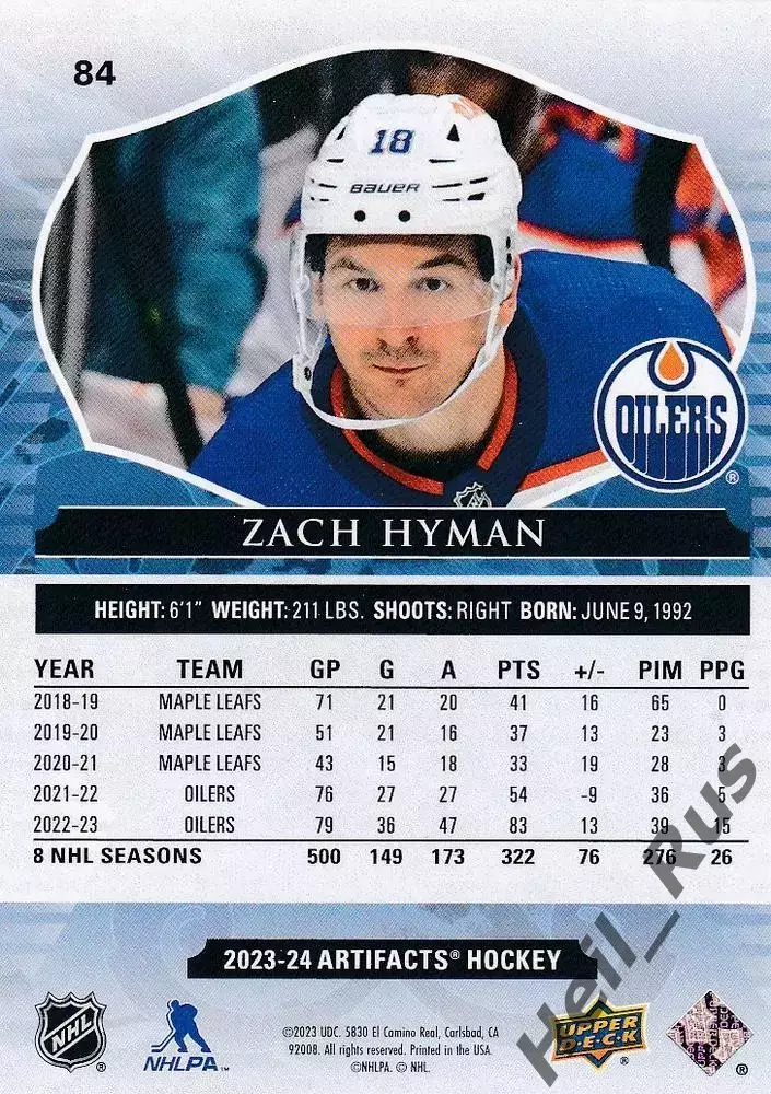 Хоккей Карточка Zach Hyman/Зак Хайман (Edmonton Oilers/Эдмонтон Ойлерз) НХЛ/NHL 1