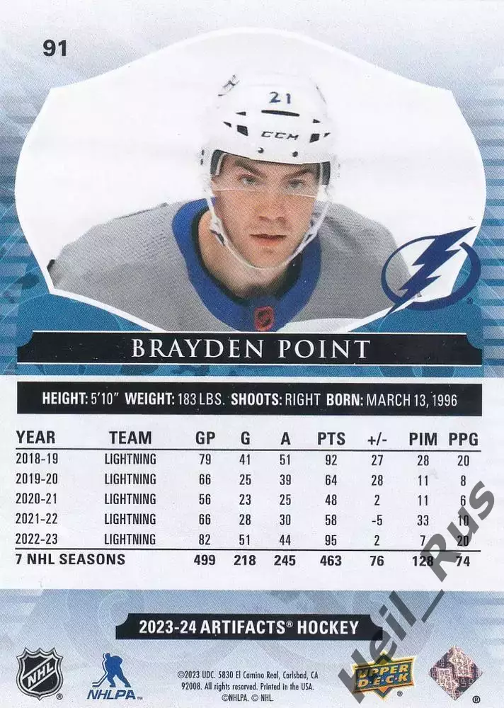 Карточка B. Point/Брэйден Пойнт (Tampa Bay Lightning/Тампа-Бэй Лайтнинг) НХЛ/NHL 1