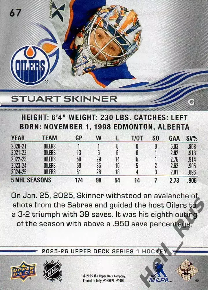 Карточка Stuart Skinner/Стюарт Скиннер (Edmonton Oilers/Эдмонтон Ойлерз) NHL/НХЛ 1