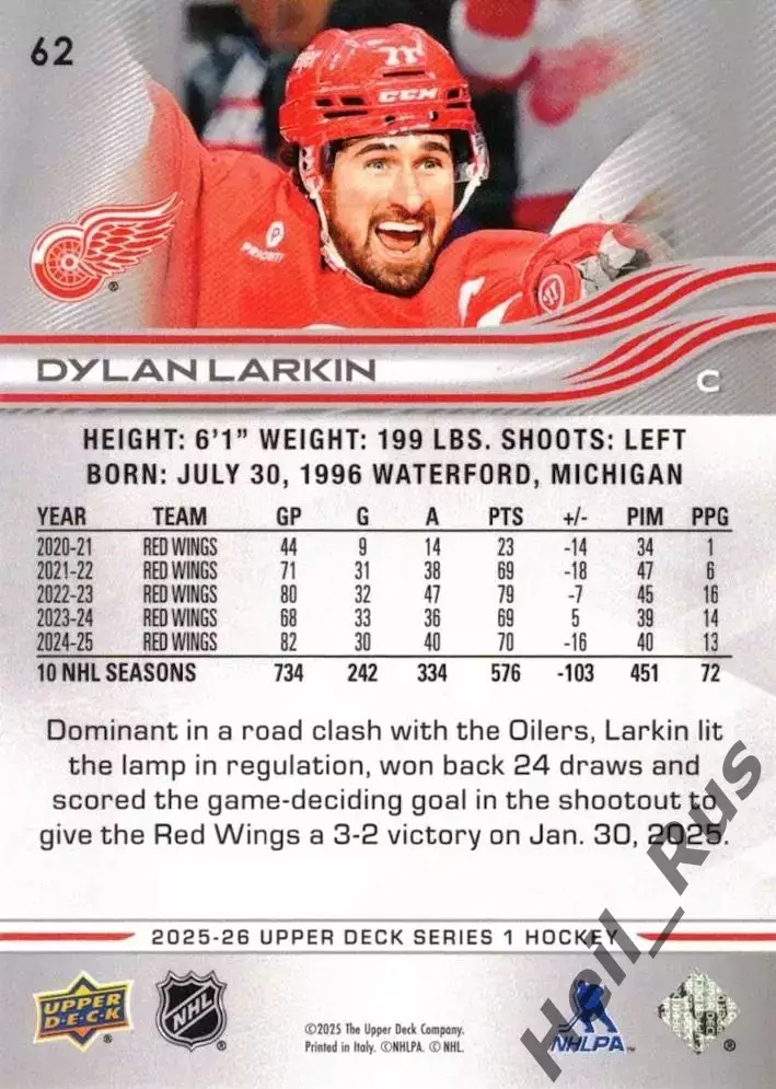 Карточка Dylan Larkin/Дилан Ларкин (Detroit Red Wings/Детройт Ред Уингз) NHL НХЛ 1